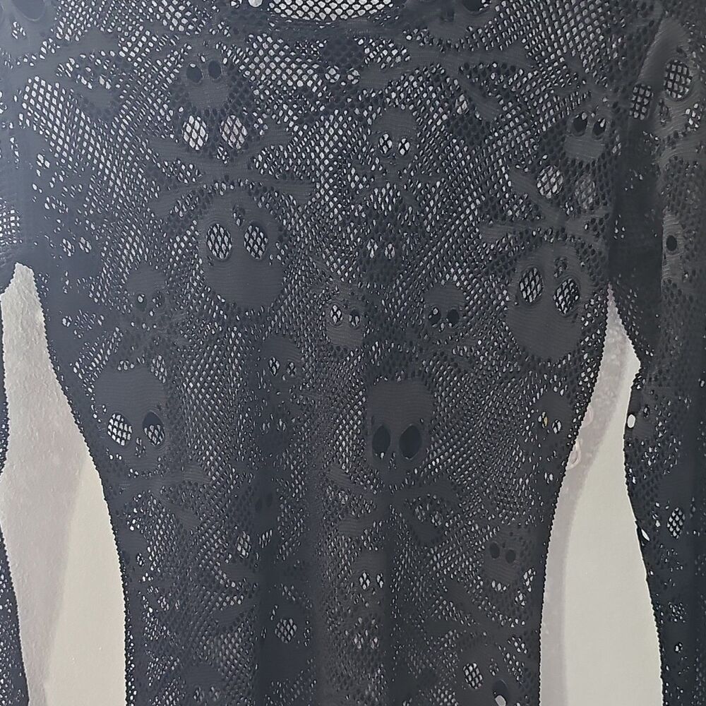 Royal Bones Womens Gothic Skull Sheer Mesh Lace Long Sleeve Crew Neck